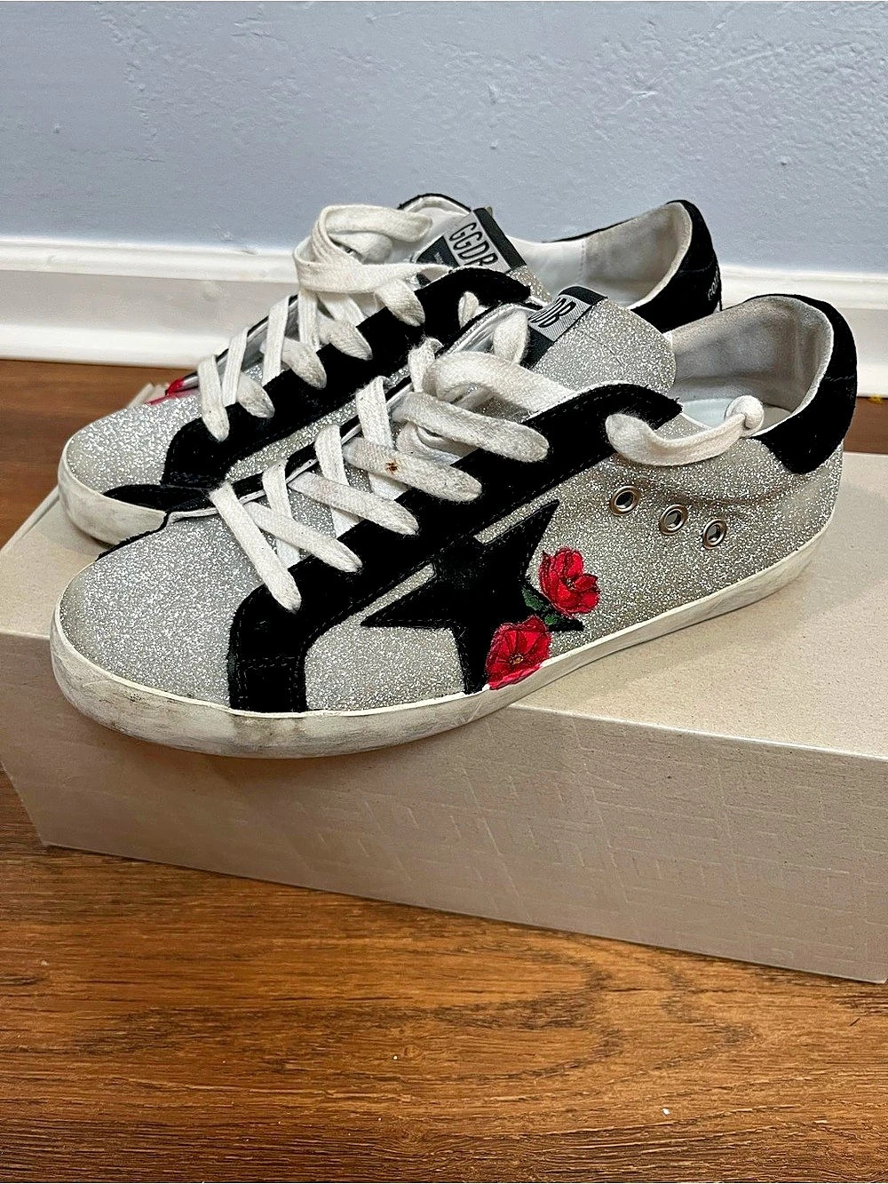 Golden Goose Super-Star Glitter Sneakers with Hand-Painted Roses Size 8